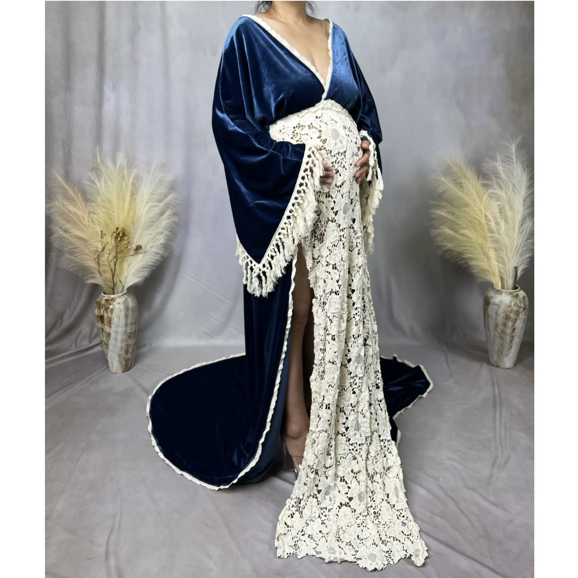 

Don&Judy Boho Velvet Maternity Dress Photography Full Sleeves Side Slit Maxi Gown Dress Baby Shower Dresses for Pregnant Woman