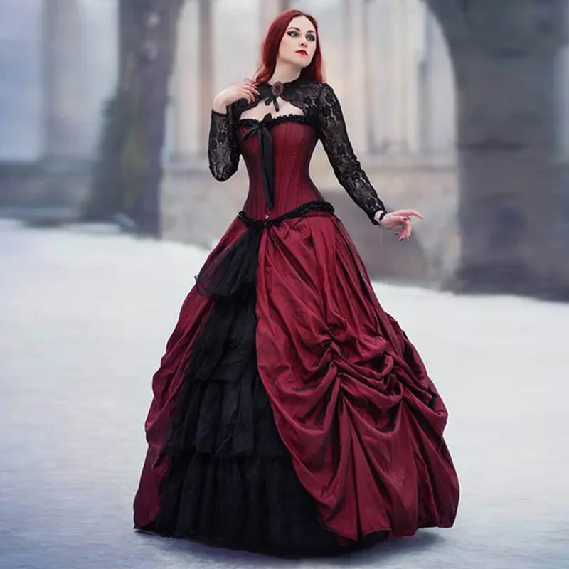 Vintage Victorian Wedding Dress Medieval Vampire Bride Dress Lace Up Dark Red And Black Wedding Gowns Customized robe de mariee