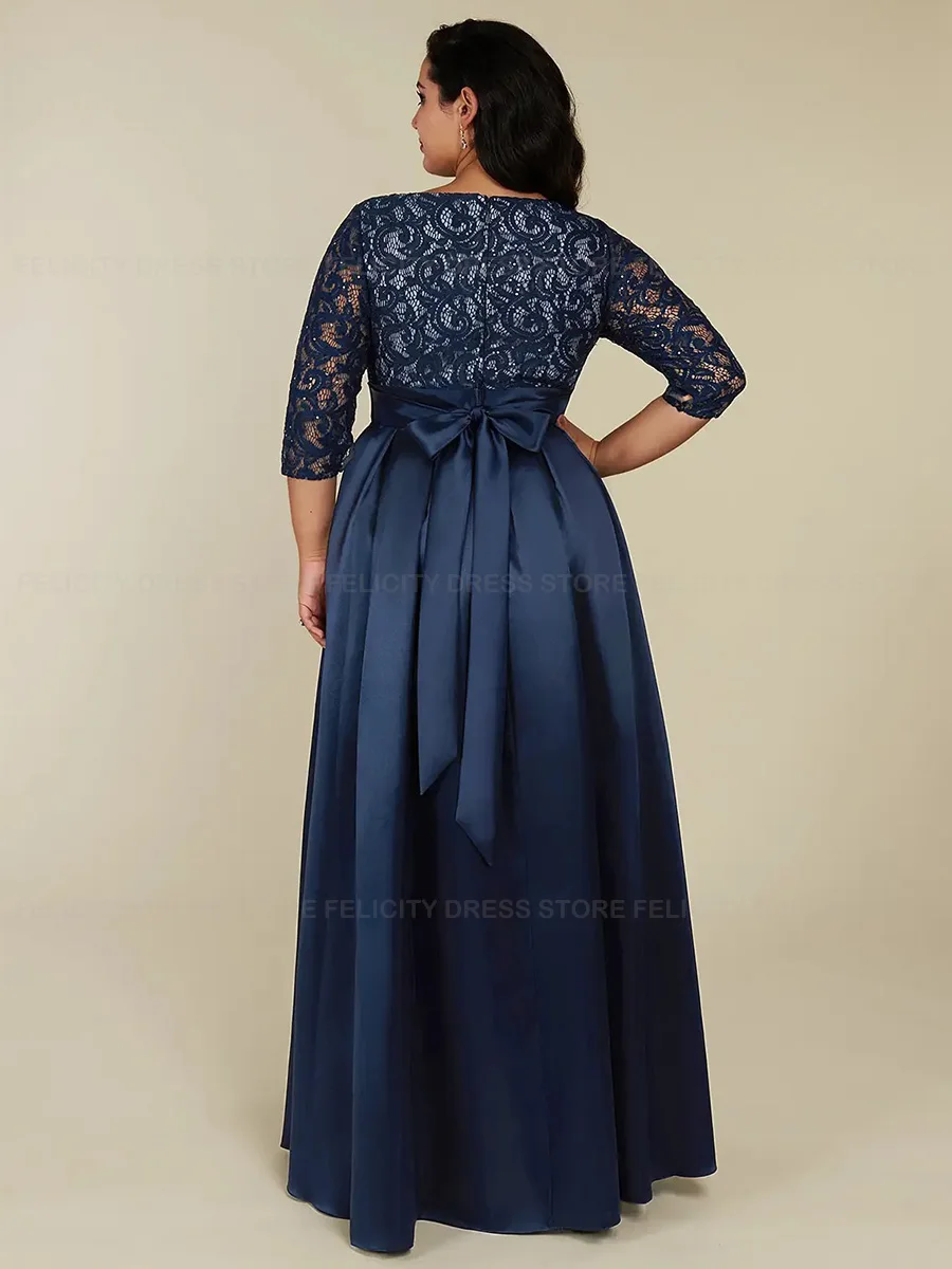 Exquisitos vestidos de talla grande para madre de la novia, vestidos de invitados de boda de línea a con cuello redondo, vestidos de fiesta plisados de encaje con lentejuelas y lazo, 2023