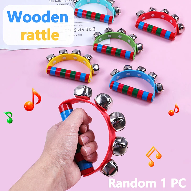 1PC Children's Intellectual Props Handbell Hand Bells With 5 Jingle Bells Wood Handle Musical Instrument Toy For Music Class