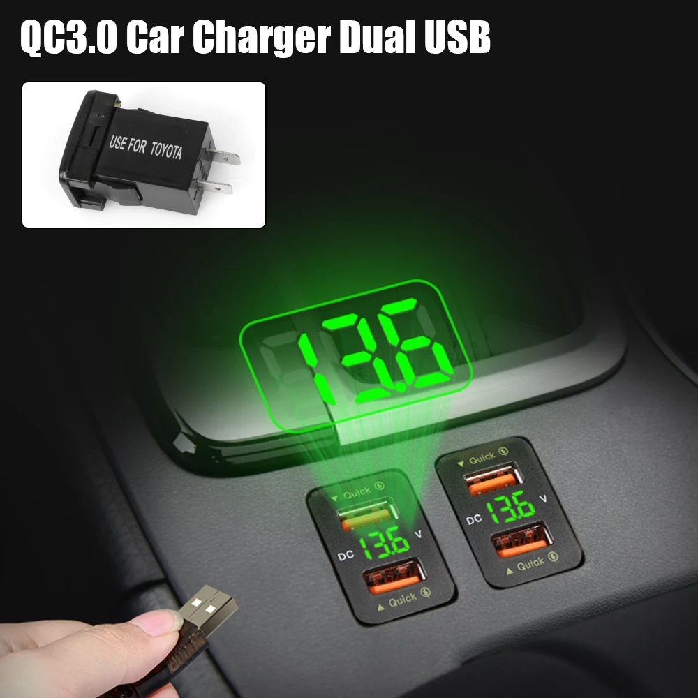 LED Car Accessories 12-24V Voltmeter Quick Charge For Mobile Phone Power Adapter For Toyota Dual USB QC Car Socket Charger