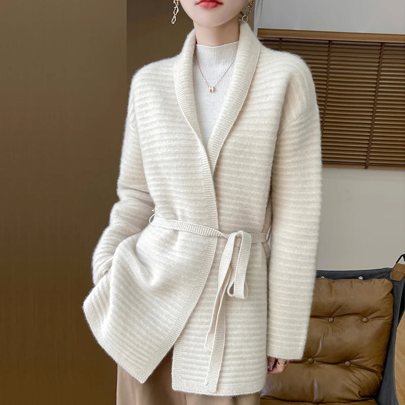 Autumn Winter New 100% Merino Wool Cardigan Women\'s Mid to Long Thick Sweater Jacket Fashionable Korean Knitted Large Size Tops