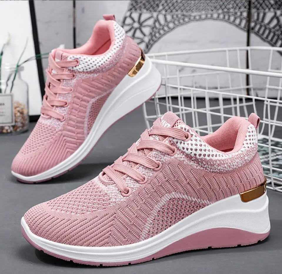 2022 Women Wedges Sneakers Fashion Womens Platform Increased Casual Lace-up Shoes Woman Mesh Elevator Tennis