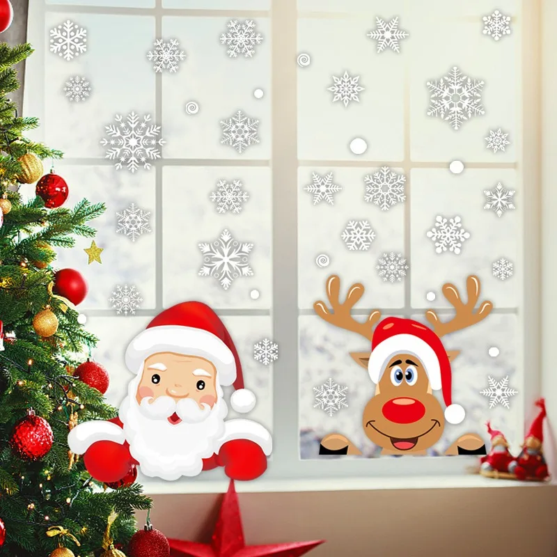 

Cartoon Christmas Window Sticker Santa Claus Elk Snowflake Glass Sticker Merry Christmas Decor 2025 Happy New Year 2026