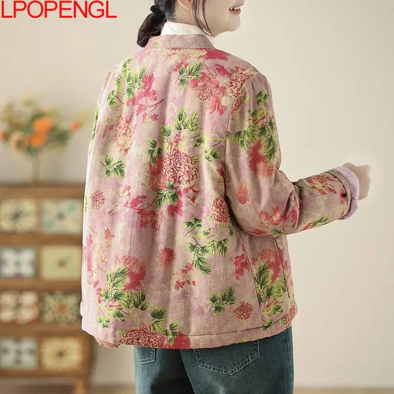 Retro Chinese Style Wide-waisted Cotton Thickened Jacket Women's Autumn And Winter Long Sleeves Single Breasted Padded Clothes