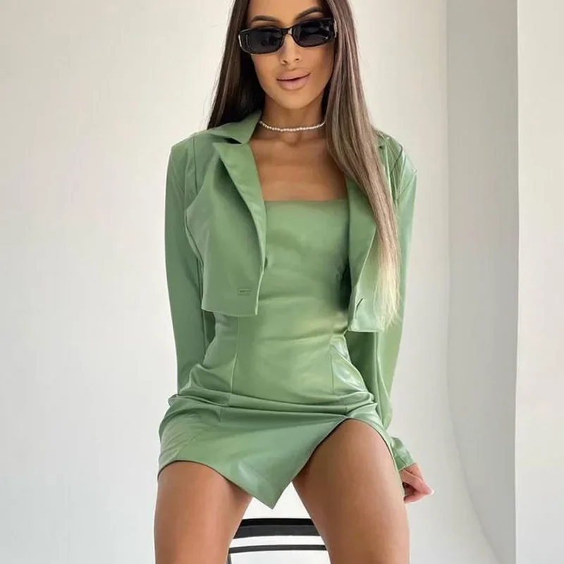 European Style Women's Autumn/winter Strapless Dress Side Slit Lapel Short Jacket Ladies Leather Suit