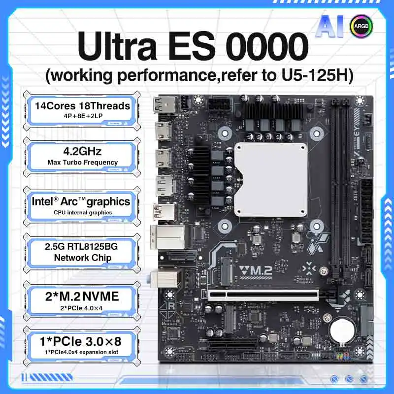 DIY Office Motherboard with core CPU Ultra ES 0000 Series(Refer to Ultra5 12*H) DDR5 RAM AI ARGB LGA115X PCIe 3.0x8 mainboard