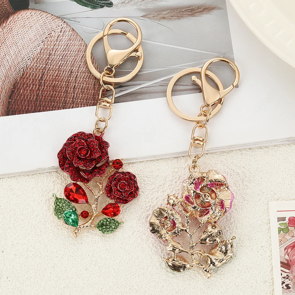 Kreativer Niedlicher Strass-Rosen-Autoschlüsselanhänger Damen-Taschenaccessoires Blumen-Metallanhänger Schmuckgeschenk – Detail 3