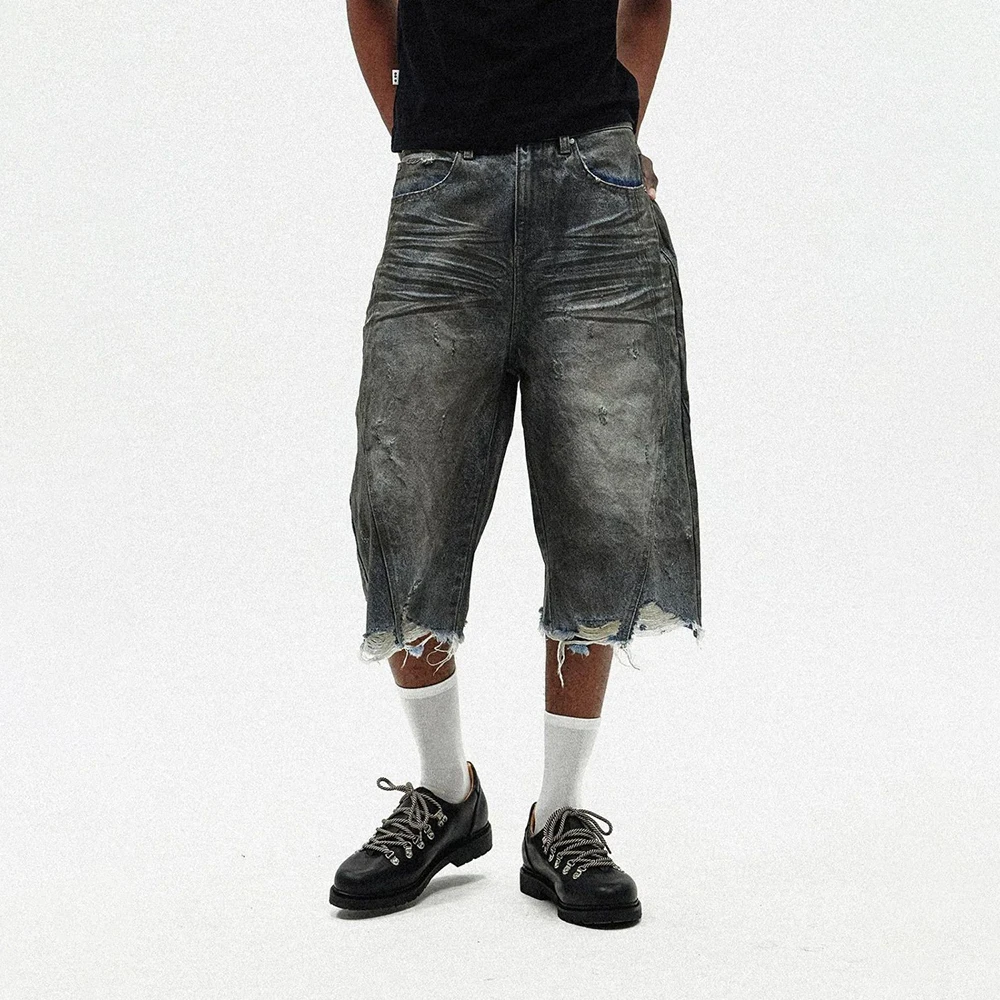 

Mens Washed Distressed Raw Edge Ripped Denim Cropped Pants Streetwear Fashion Youth Campus Casual Trousers Men'S Clothing 2025
