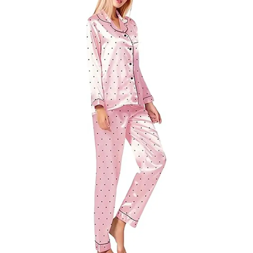 HEZIOWYUN Women's 2Piece Satin Dot Print Loungewear Pajamas Set Long Sleeve Lapel Neck Shirt Tops +Elastic Waist Pants Sleepwear