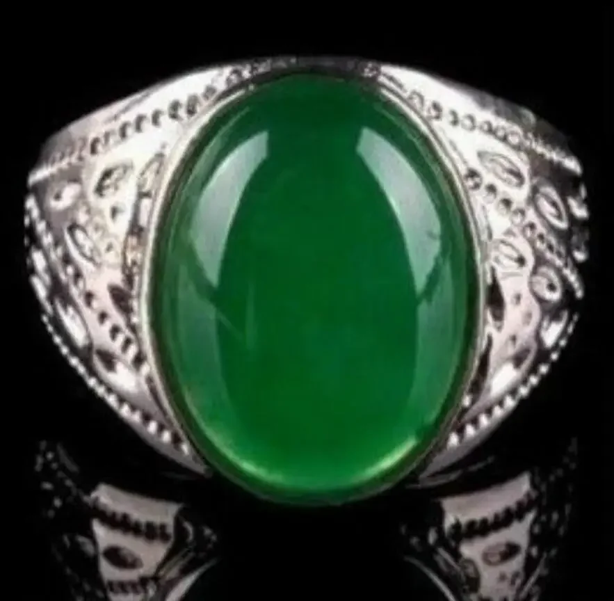 

Fashion jewelry Beautiful fashion Tibet Silver Green Jade men's ring size 8, 9 ,10 ,11,12 # -Bride jewelry