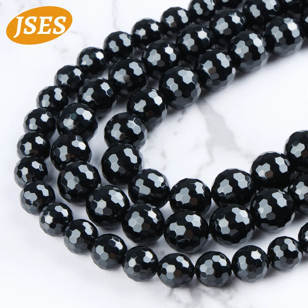 Cuentas facetadas de ágata negra Natural para fabricación de joyas, accesorios de bricolaje para pulsera, 15 pulgadas, 4, 6, 8 y 10mm, venta al por mayor y regalo DIY, A +