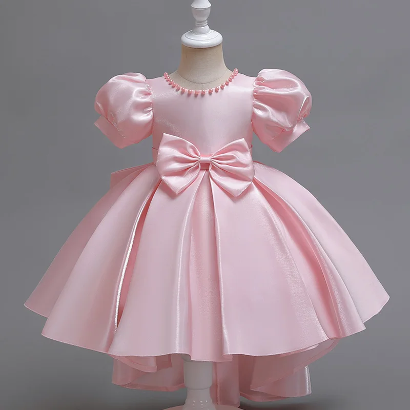 Little girl dress puffed sleeve court style short round neck champagne princess dress sweet #T002