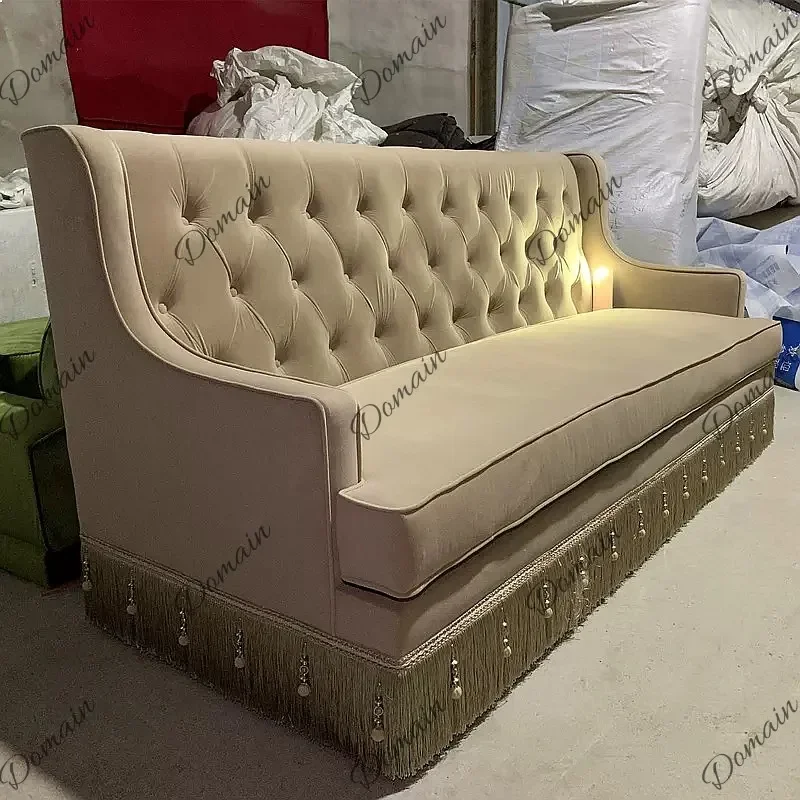 VP Vintage velvet designer zip-up sofa, beige camel tassel, French vintage furniture, three-seater