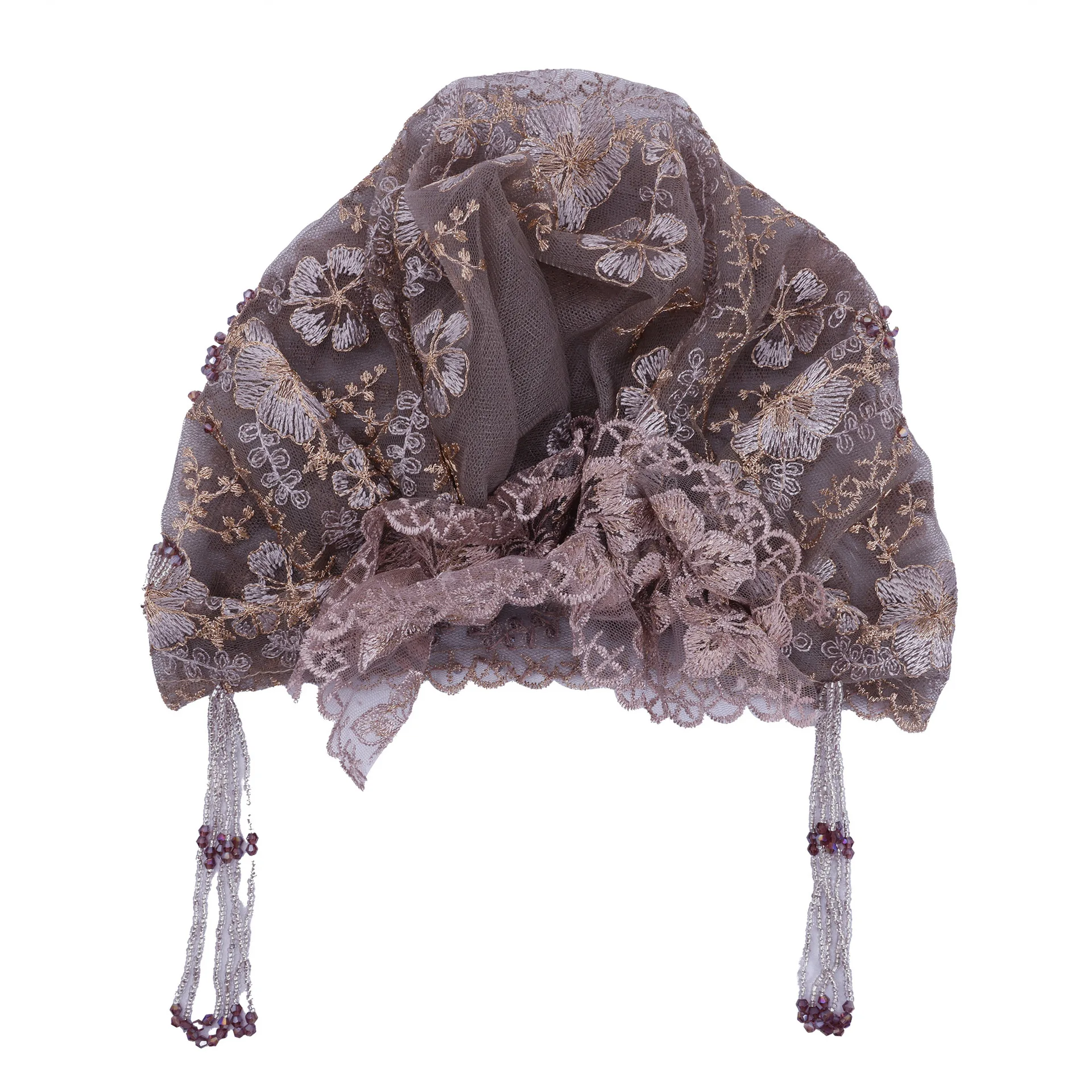 高級タッセル付きムスリムヒジャブ、ビーズ付きターバン、刺繍レースハット、メッシュダイヤモンド、女性用ボンネット、ビーニー、ヘッドスカーフ、ヘッドウェア、ターバンテ・ムヘール