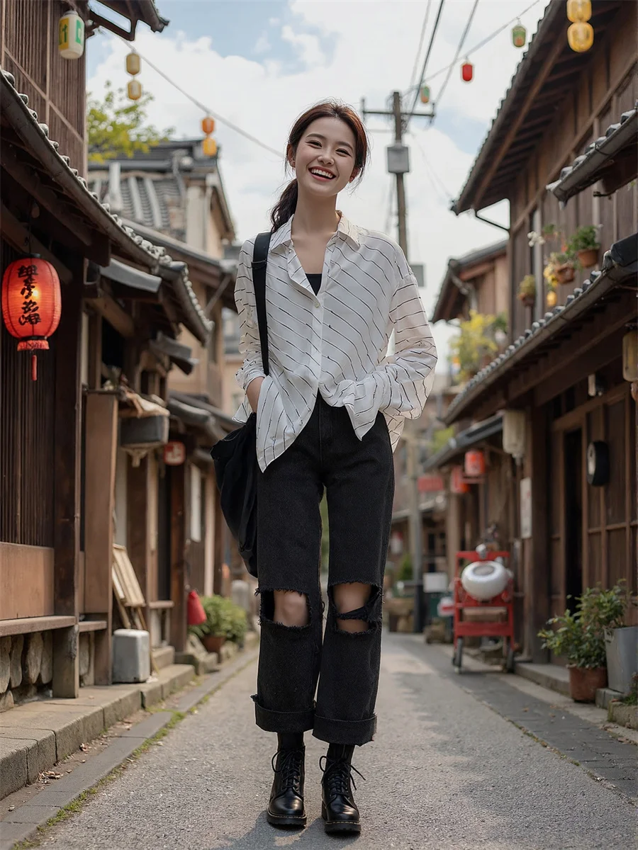 Loch Zerrissene Jeans Baggy Für Frau Denim Hosen Frauen Kleidung Herbst Satin Breitbeinig Arbeiten Pendeln Büro Professionelle Einfache