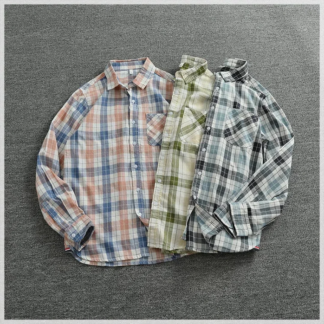 

Plaid shirt men's casual spring and autumn plaid color matching vintage cotton long-sleeved pocket shirt tide