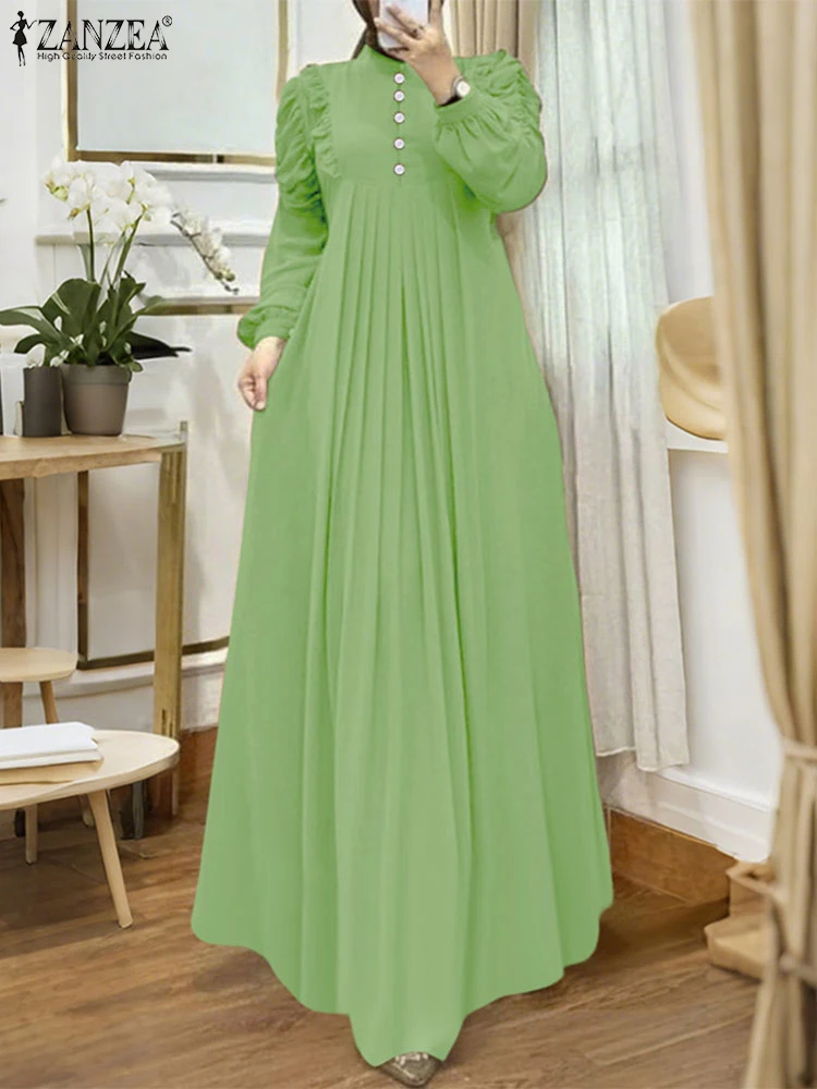 ZANZEA فساتين ماكسي متواضعة إسلامية للنساء أنيقة مكشكشة وأكمام طويلة مطوي عباية رداء حجاب إسلامي للعيد فساتين 2025 #4