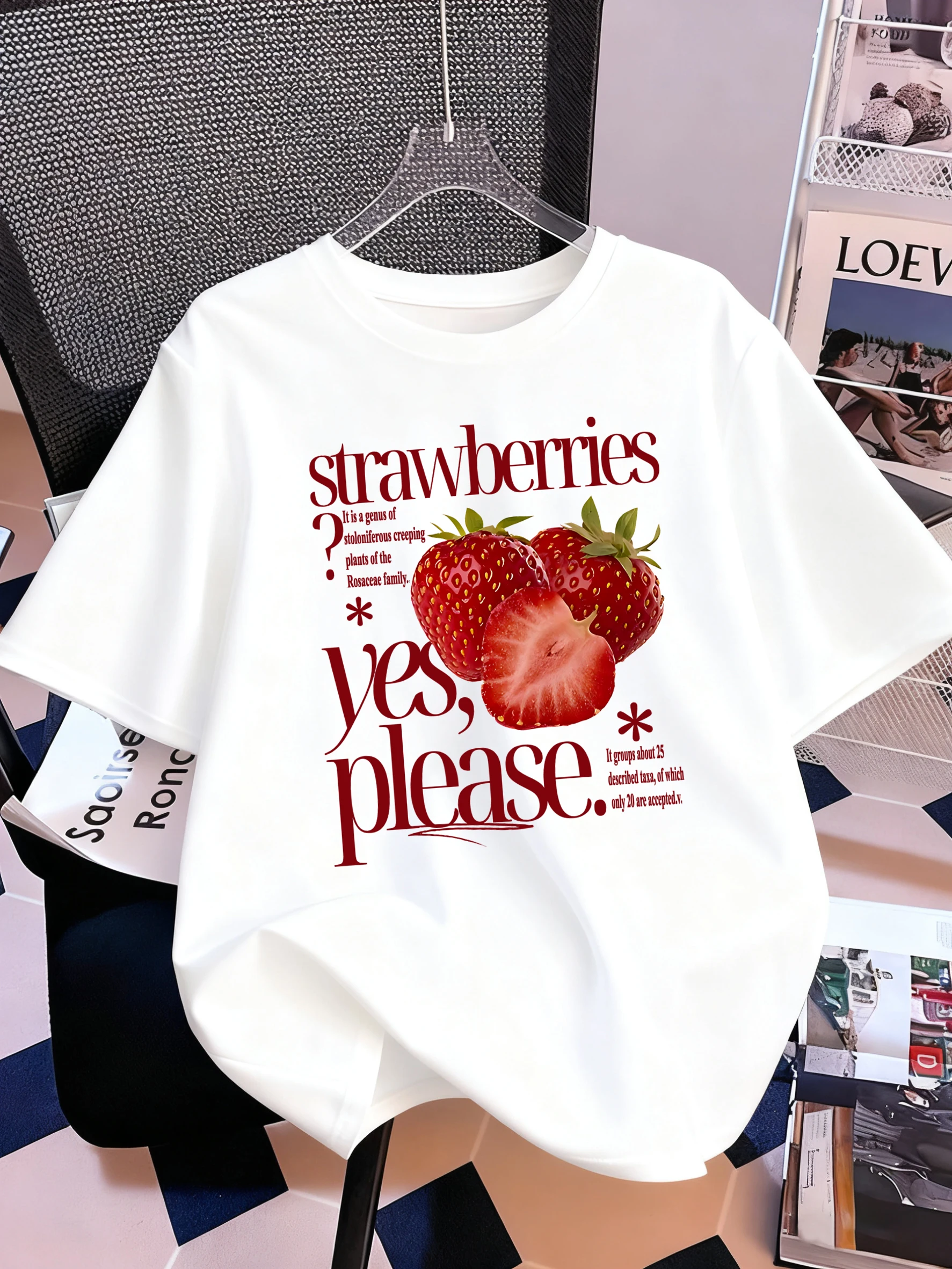 Erdbeeren Obst Ja Bitte Drucken Frauen T-Shirt Y2K Casual Lose T Shirts Baumwolle Crewneck Streetwear Sommer Alle-Spiel Kleidung