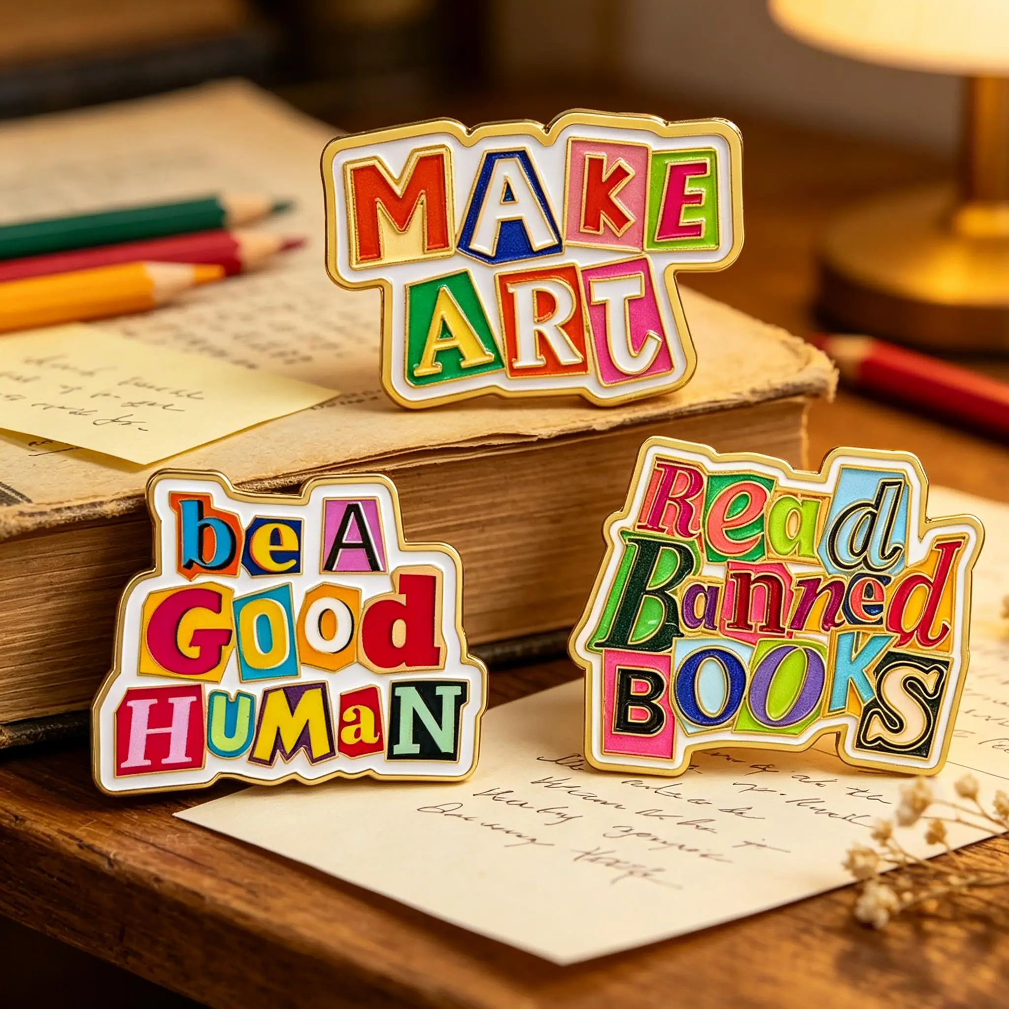 3Pcs Enamel Pins Set Make Art Be A Good Human Read Banned Books Colorful Letter Lapel Brooch for Backpack Denim Jacket Gift