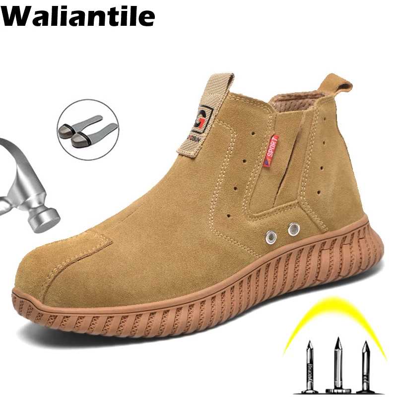 Waliantile Winter Warm Fur Lining Safety Boots Men Women Anti-smashing Indestructible Work Shoes Wear-resistant Steel Toe Boots