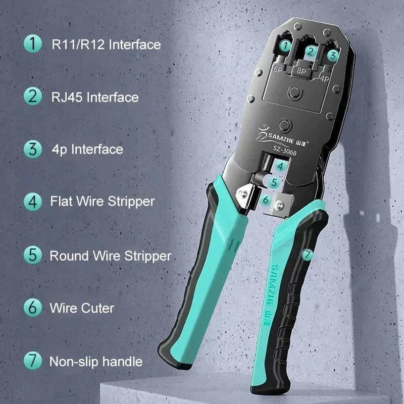 SAMZHE RJ45 Alicate de crimpagem Passar através do cortador de crimper para Cat7 Cat6 Cat5e 8P8C Conector modular Ferramenta de fio Ethernet
