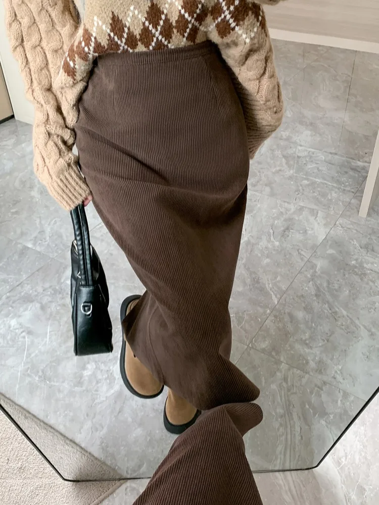 Khakifarbener Cord-A-Linien-Rock mit hoher Taille für Damen, Herbst und Winter, Faion Split One Step Wrap Body, langer Rock aus Polyesterfaser