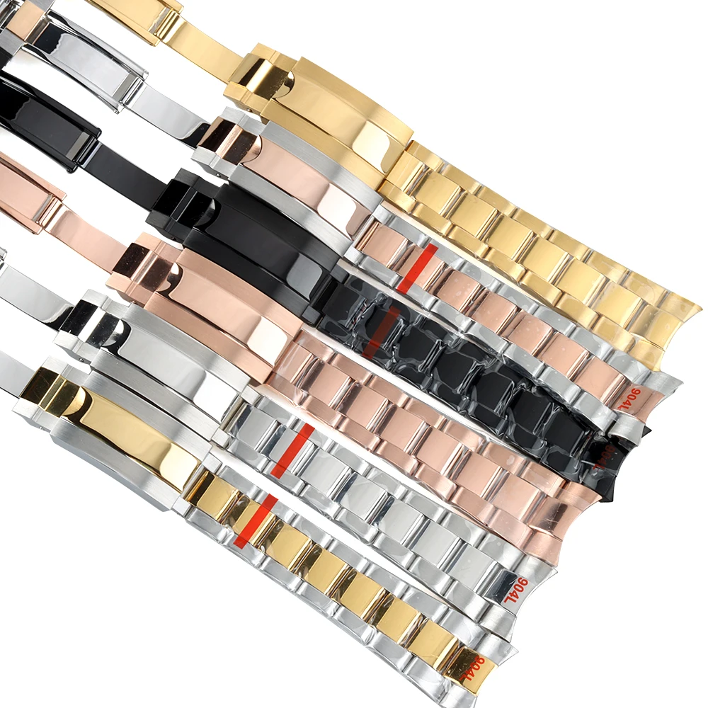 Gold 20mm Width Solid Stainless Steel Polish Oyster Bracelet For SUB Datejust Seiko NH35 NH36 Folding Buckle Watch Bracelet