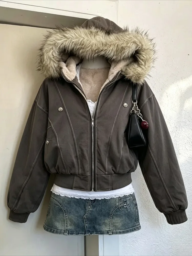 Women Winter Faux Fur Hood Parka Coat Long Sleeve Zip Up Warm Thick Windproof Casual Loose Outerwear Daily Street Jacket Fashion