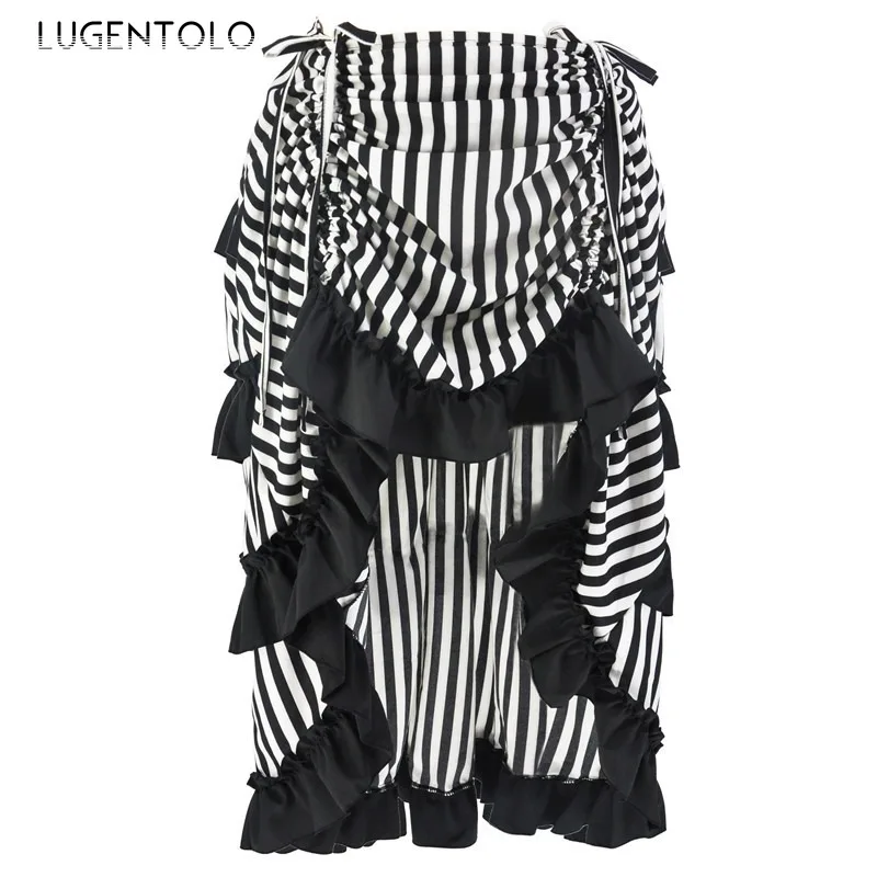 

Женские готические юбки в полоску, ассиметричные юбки в стиле панк с эластичной талией на весну и лето, уличная модная юбка на шнуровке