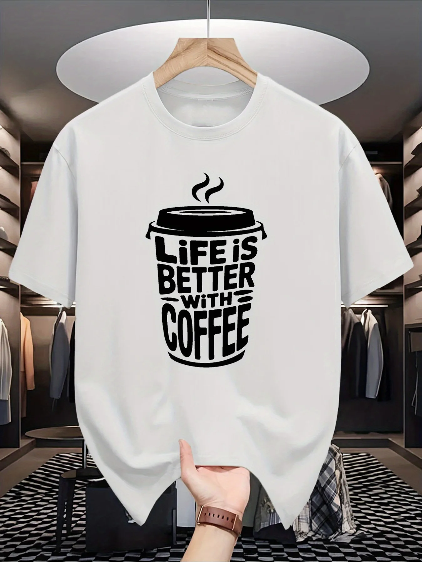 Men's Mustard Yellow Coffee T-Shirt - LIFE IS BETTER with COFFEE Bold Lettering & Coffee Cup Graphic, Lightweight Short Sleeve R
