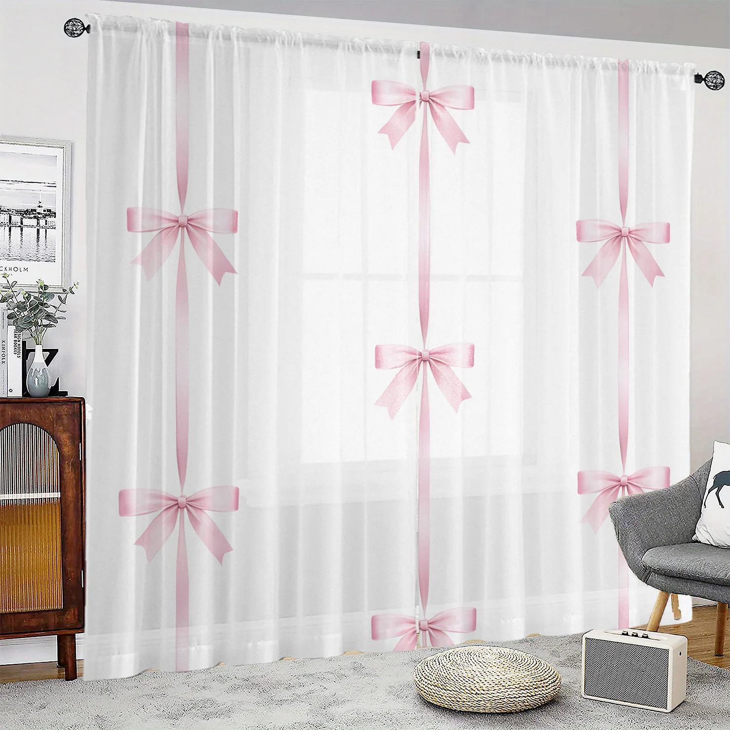 Pink Bow Sheer Curtains – HD Digital Print, Pocket Rod Design for Living Room & Bedroom – Home Decor Window Treatments