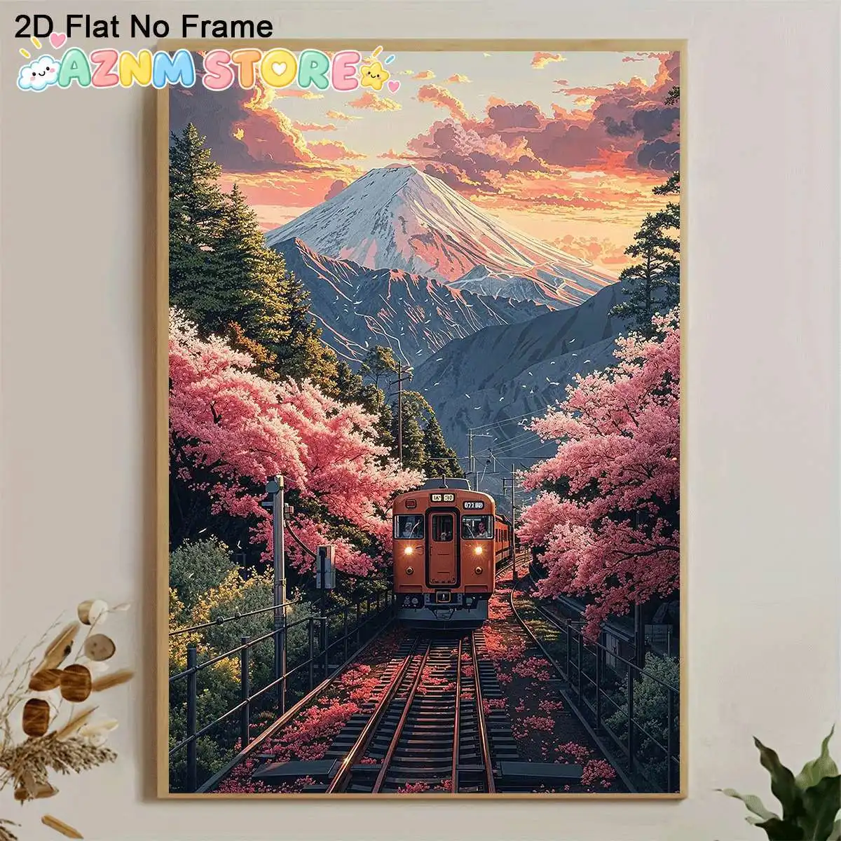 2D Flat, 1pc Frameless Canvas Poster, Scenic Train Passing Through Mount Fuji and Cherry Blossoms, Train Tracks Covered in Fa