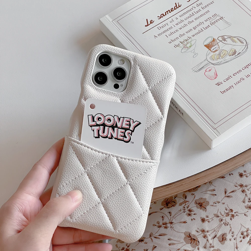 With Lanyard Card Holder High Quality Luxury Pebbled Solid Girls Leather For IPhone 15 14 13 12 11 Pro Max Soft White Phone Case