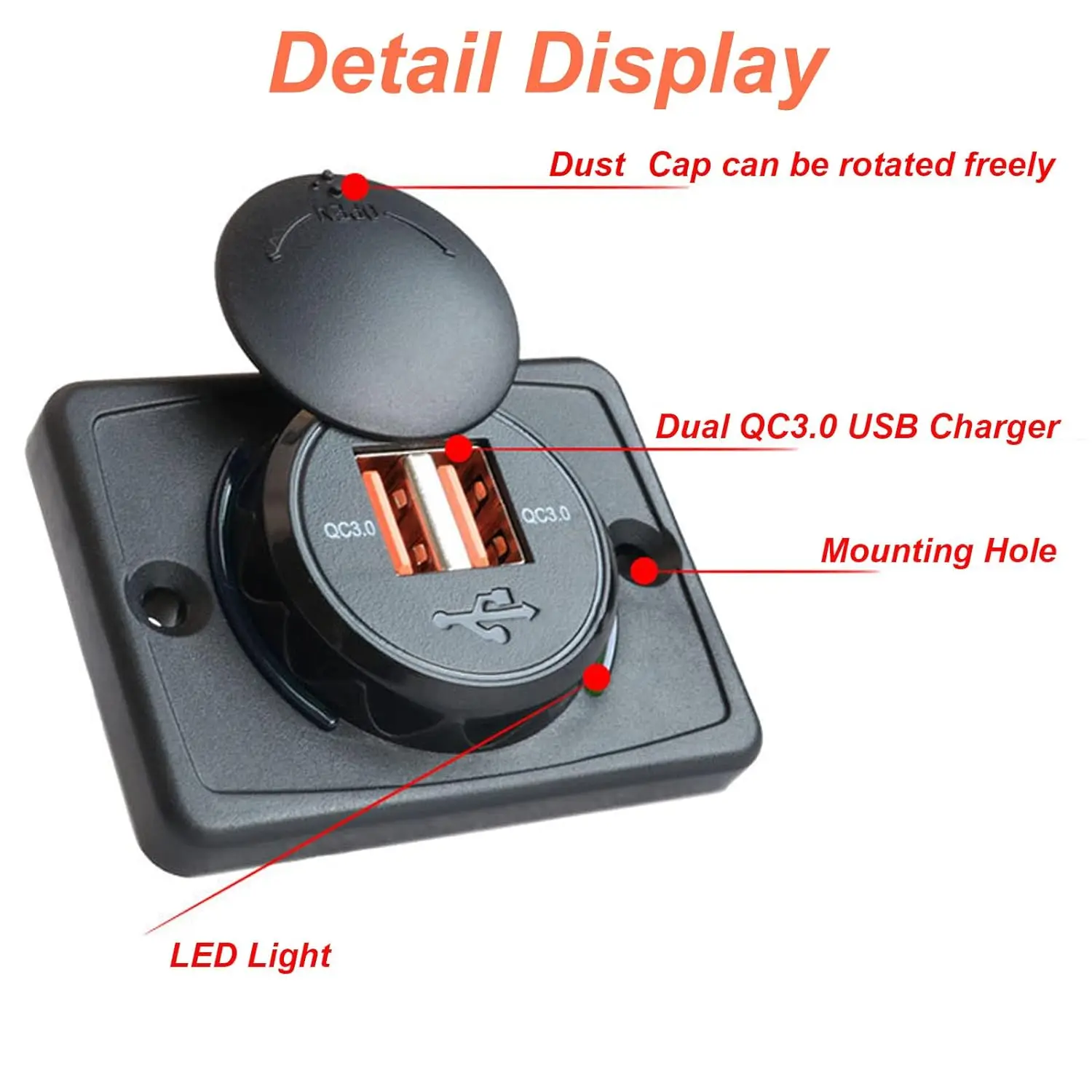 USB Outlet Panel QC 3.0 Dual USB 36W USB Outlet 12V Wall Mount for Bus RV Boat Automotive Marine ATV Truck 12V-24V