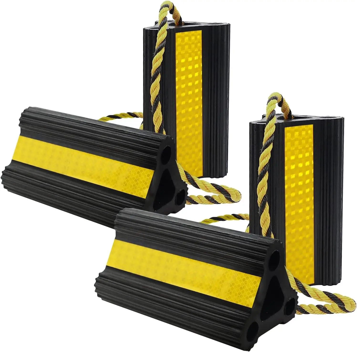 

Heavy Duty Rubber Wheel Chocks for RV, Trailer, Camper, Truck & Aircraft, 4 Pack with Reflective Strips and Rope