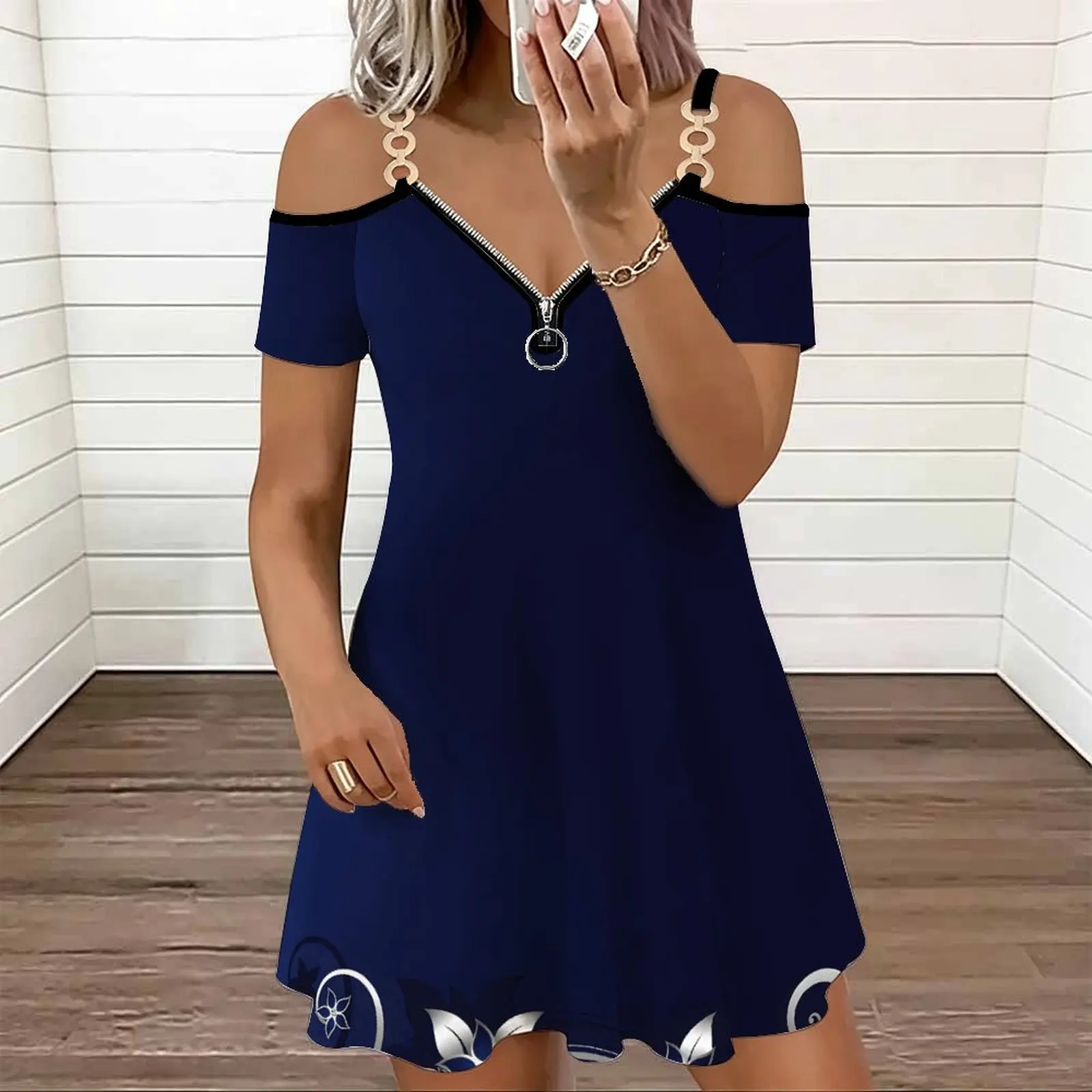 Spring Summer Women's Cold‑shoulder Double Strap V‑neck Zipper Dress  Sexy Elegance Slim Dress  Everyday Commuting Mini Skirt