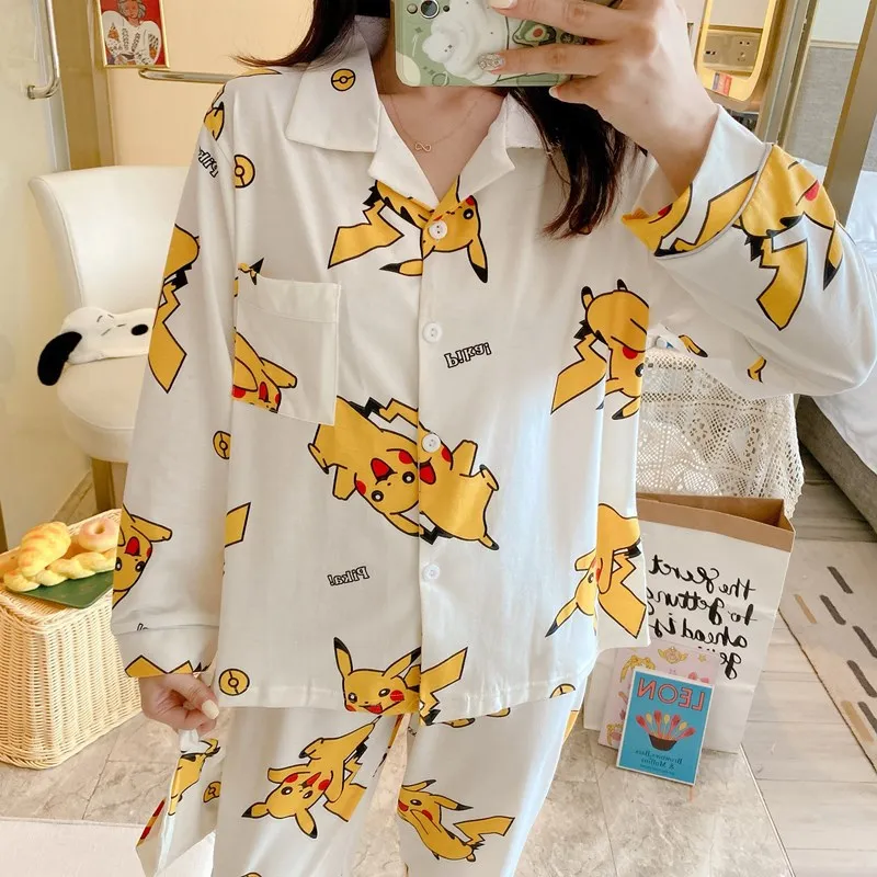 Pokemon Pikachu cartoon bavero cardigan a maniche lunghe dolce e carino pigiama comodo casual da donna loungewear set a due pezzi