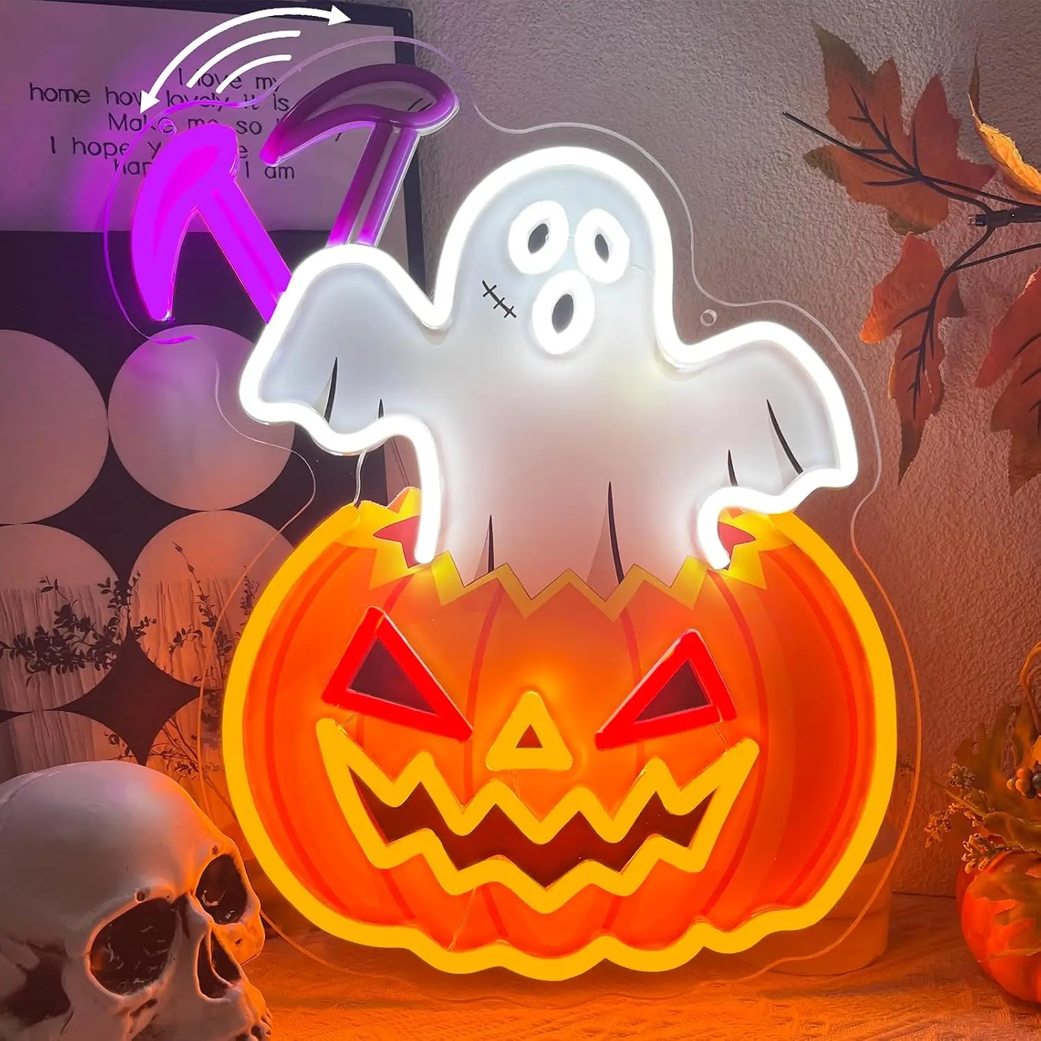 Waving Halloween Pumpkin Neon Sign USB Ghost Jack o Lantern LED Neon Light Bedroom Wall Decor Spooky Fall Party Christmas Gift