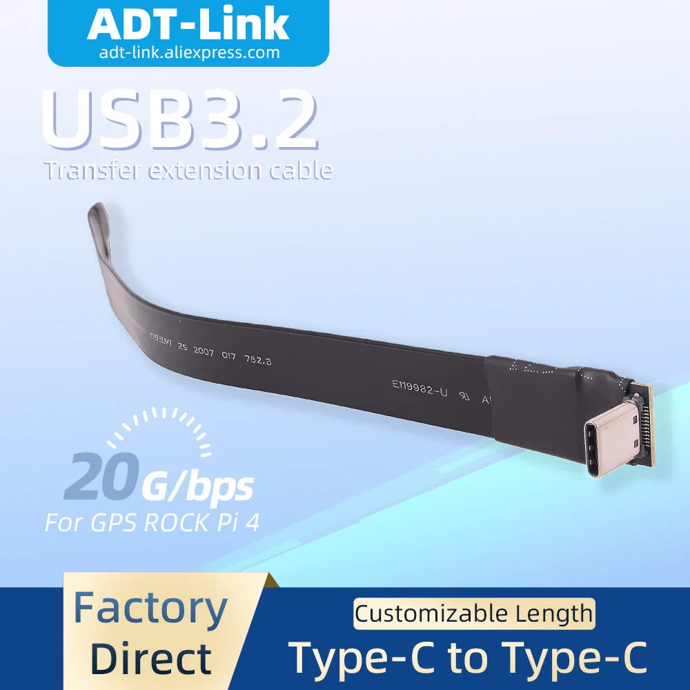 ADT-Link 20Gbps Flat C Male Type-C Adapter for PC Gen2x2 USB 3.2 Type C to Type C Flat Data Flexible Soft Strip Extension Cable