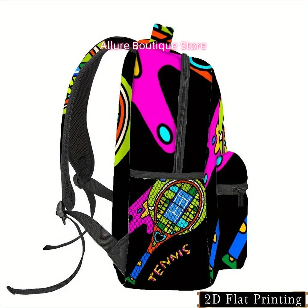 A Vibrant Colored Tennis Racket Print Backpack with a Zipper, Designed for Personal Laundry And Commuting. It Features a Multifu