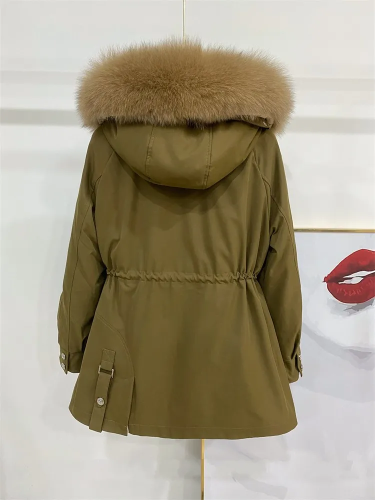 Elegante Frauen Winter warm Rex Kaninchen Futter Mantel Echtpelz Kragen Kapuze verstellbare Taille Büro Damen Parkas Mode jacke