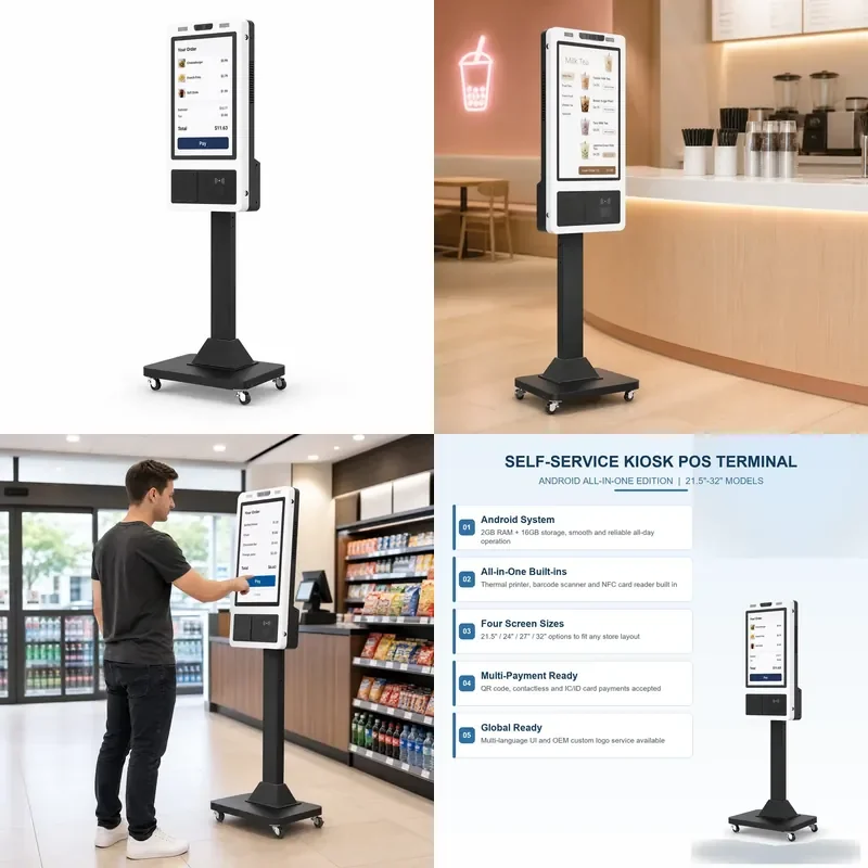 Android Self Service Kiosk POS 21.5 32 Inch Touch Screen Cash Register with Thermal Printer Scanner for Supermarket Retail