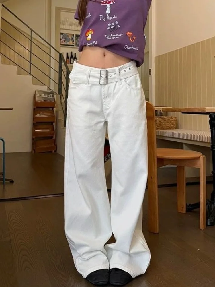 

2026 Summer Jeans Women Washed Belted American Vintage Y2K Street Style Straight Loose Slim Wide Leg Draping Denim Pants Stylish