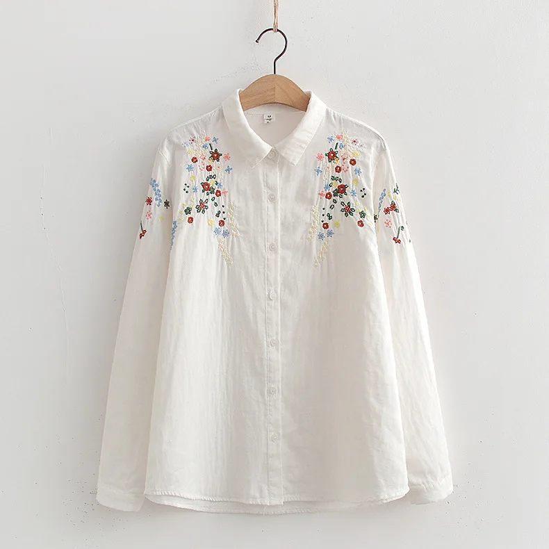 Spring New Flower Embroidery Double Layer Cotton Yarn Shirt Women Turn Down Collar Long Sleeve Casual Loose Blouse Tops