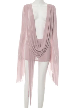 Beyprern Elegant Flare Sleeve V Neck Ruched Sheer Mesh Short Dress Pink Holiday Outfits Beach Cover-Up Dress Night Out Vestidos 3 Beyprern Elegant Flare Sleeve V Neck Ruched Sheer Mesh Short Dress Pink Holiday Outfits Beach Cover-Up Dress Night Out Vestidos 3