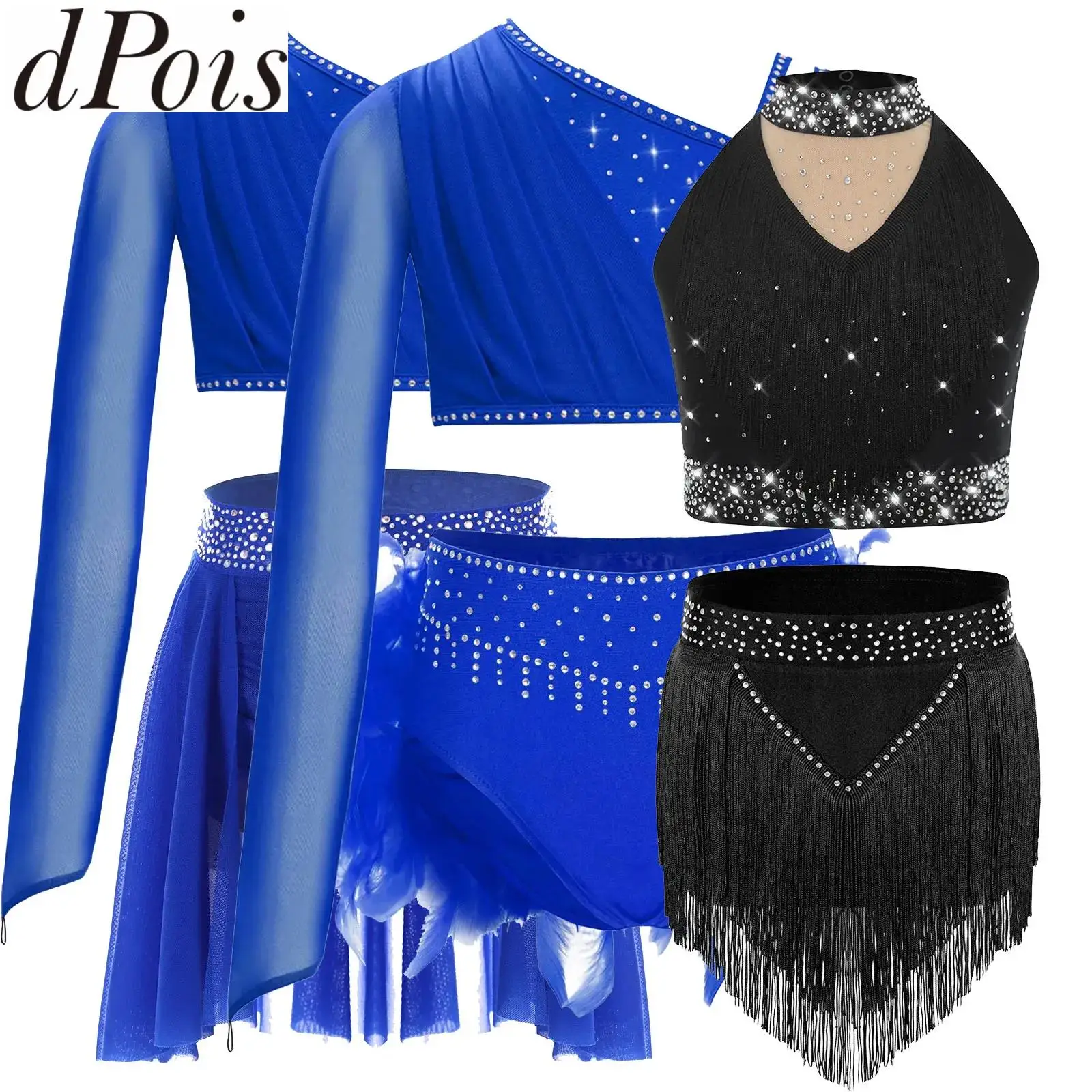 เด็กสาว Hip Hop Latin Jazz Dance ชุด Samba Dance เครื่องแต่งกาย Cha Cha เต้นรํา Lyrical บัลเล่ต์เต้นรําชุด Crop Top + กระโปรงพู่