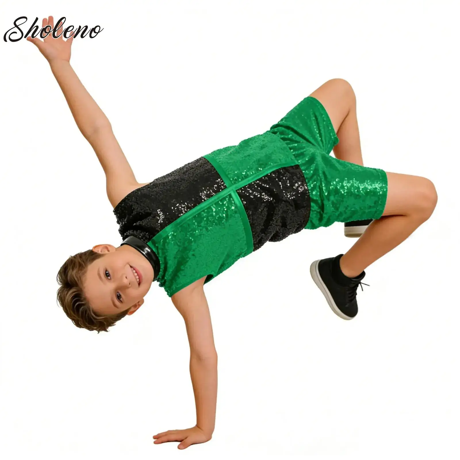 

Boys Girls Sequin Dance Costume Sparkle Hip Hop Jazz Dance Dresses Modern Dancing Outfits Color Block Top with Shorts Dancewear