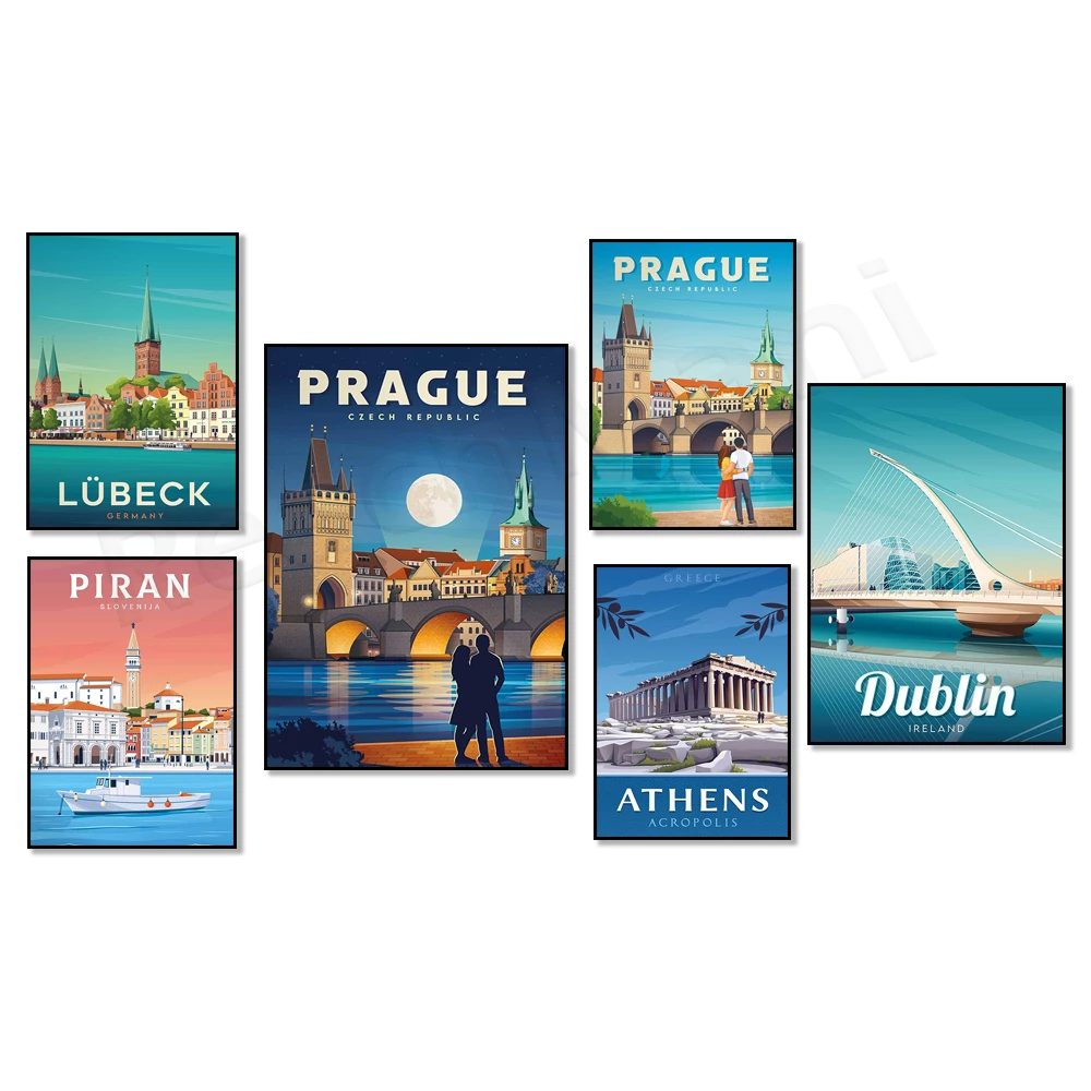 Dublin Ireland, Prague, Paris, Germany, Athens Greece, Mykonos Greece/Aegean Sea, French Riviera Mediterranean landscape poster