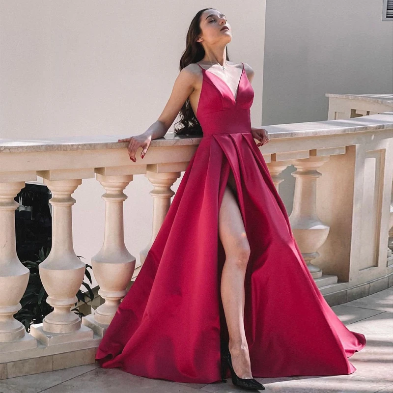 

Sexy High Slit Crimson Prom Dresses Sleeveless Satin Long Corset A Line Party Evening Gown Bridesmaid Dress